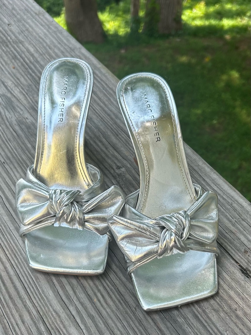Marc Fisher Metallic Silver Knot Slide Mules